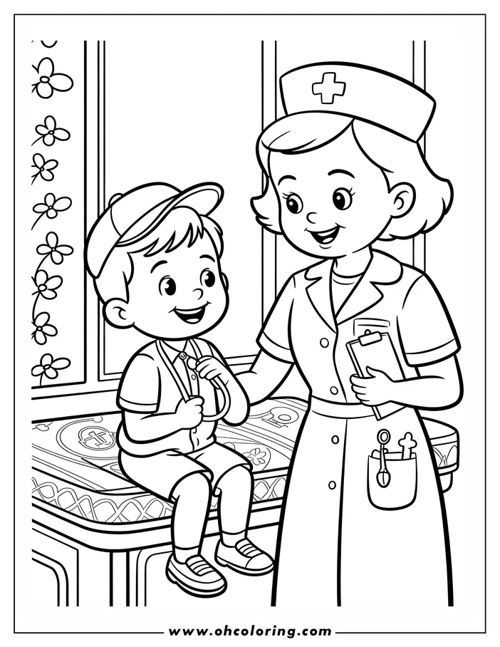 Line art of a doctor and a young boy patient during a check-up. The doctor holds a clipboard, and the boy sits on the examination table.