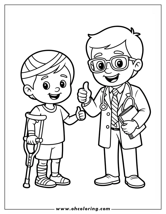 Line art of a doctor giving a thumbs-up to a patient with a bandaged head and leg, using a crutch.