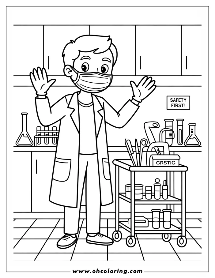Line art of a doctor wearing a lab coat and a face mask, standing next to a cart of medical supplies.