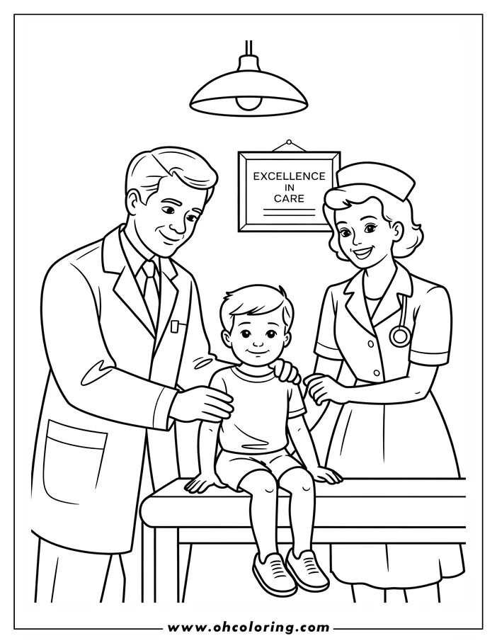 Line art of a doctor and nurse with a young patient in an examination room. The sign reads "Excellence in Care."