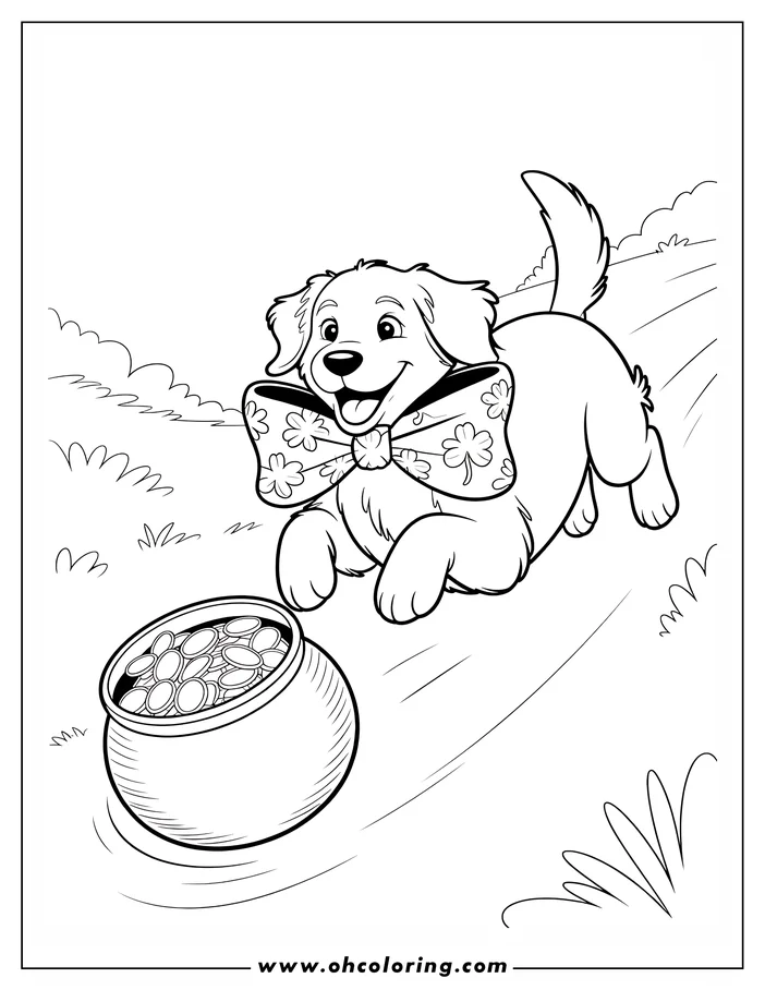 Line art of a dog with a shamrock bow tie chasing a pot of gold coins. This St. Patrick's Day-themed coloring page shows a happy dog running after a pot overflowing with gold, perfect for a festive coloring activity.