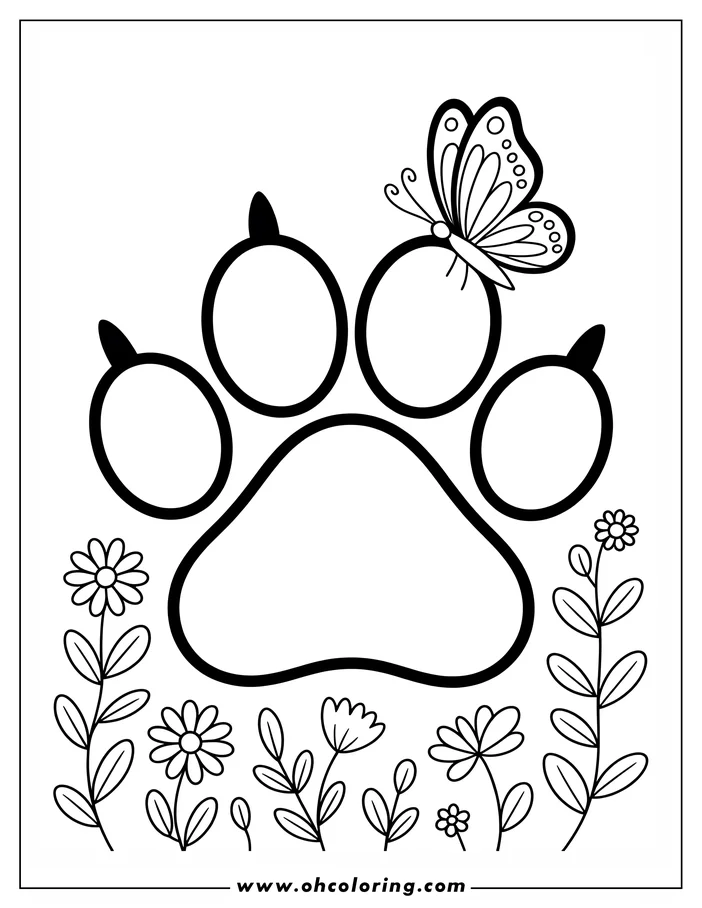 Line art of a dog paw print with a butterfly perched on top, surrounded by simple flowers and leaves.