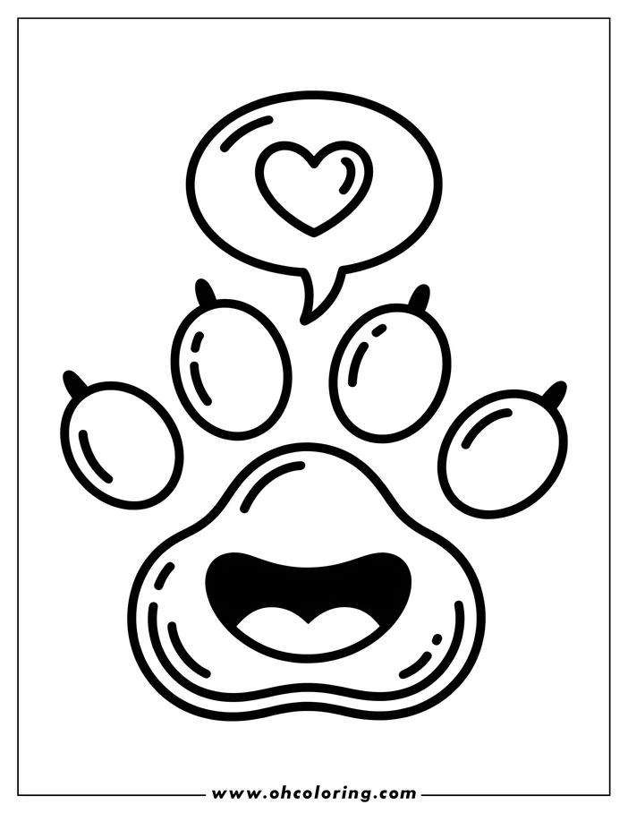 Line art of a dog paw print with a smiling face and a heart in a speech bubble.