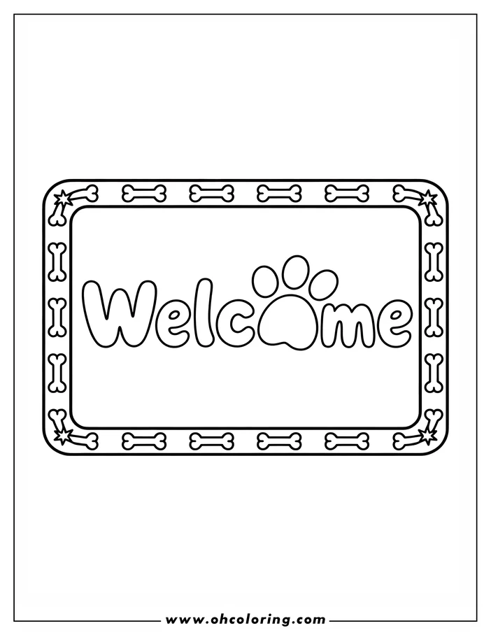 Line art of a dog paw print welcome sign with bones and starbursts border.