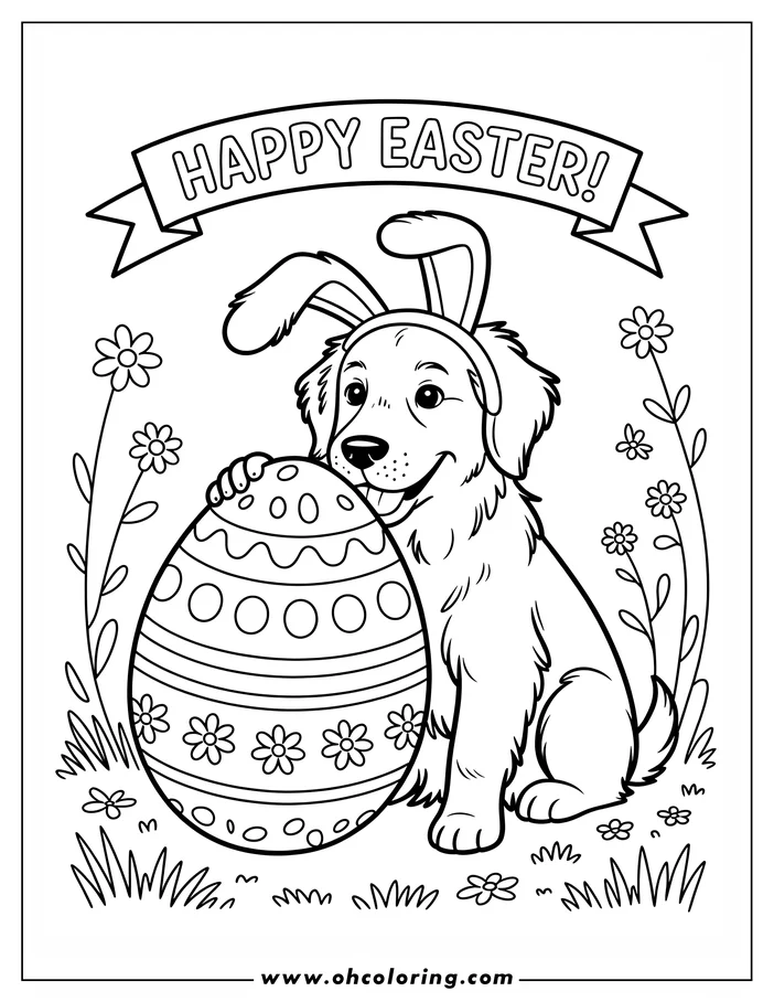 Line art of a dog wearing bunny ears and holding a decorated Easter egg, presented as a coloring page. The setting includes flowers and grass. Happy Easter!