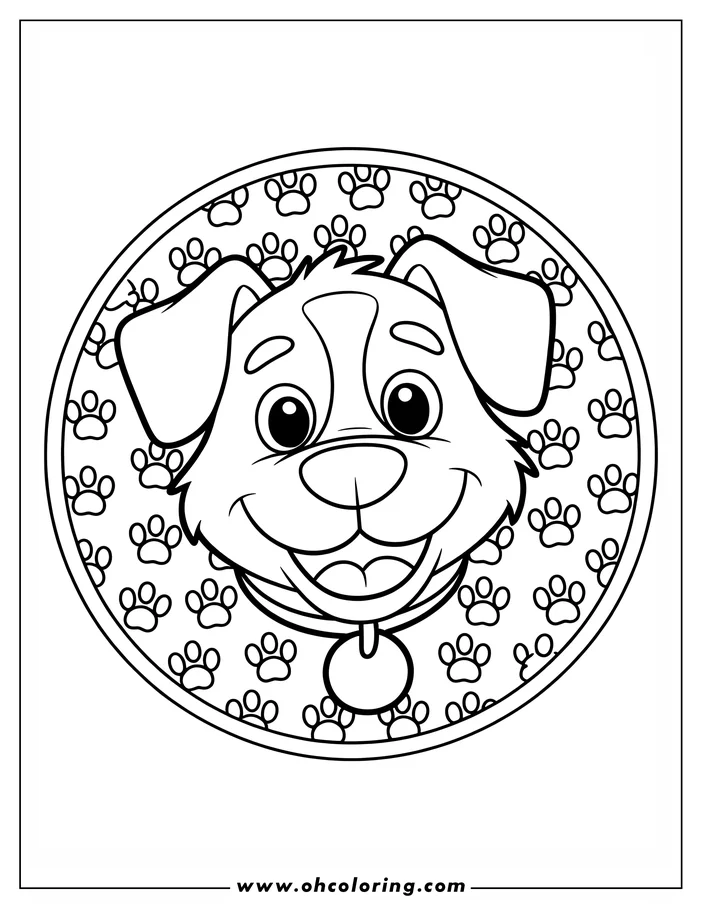 Line art of a happy dog with large ears and a collar, centered in a circular frame filled with repeating paw prints.