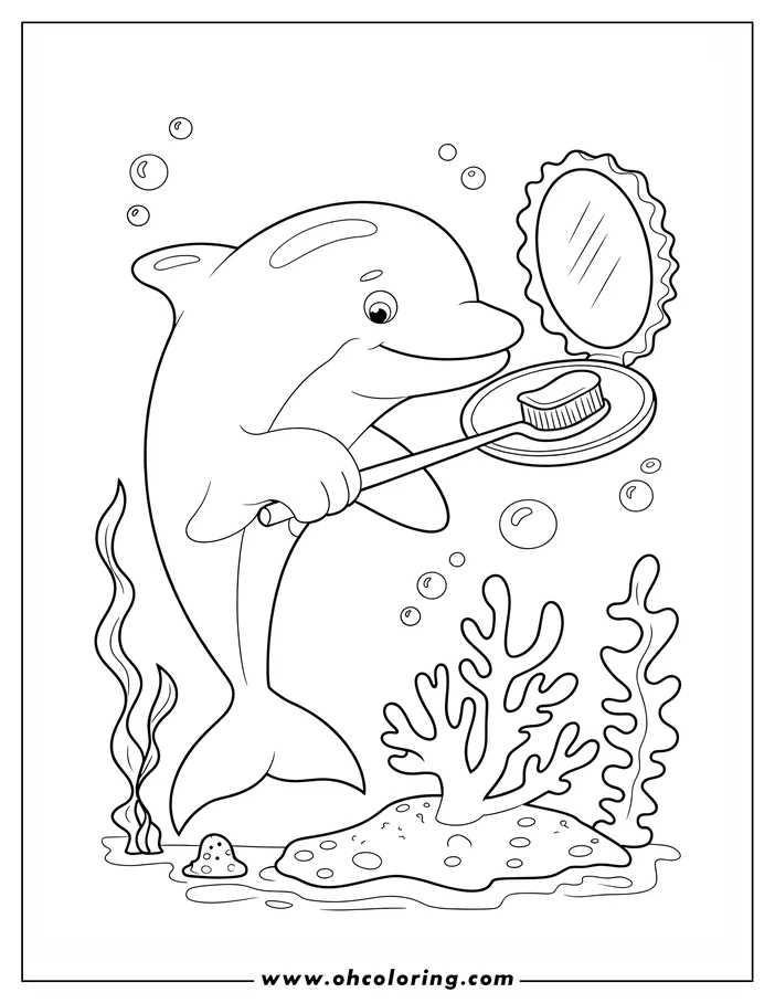 Line art of a dolphin brushing its teeth underwater. It holds a toothbrush and looks in a compact mirror, with seaweed and coral on the seabed.