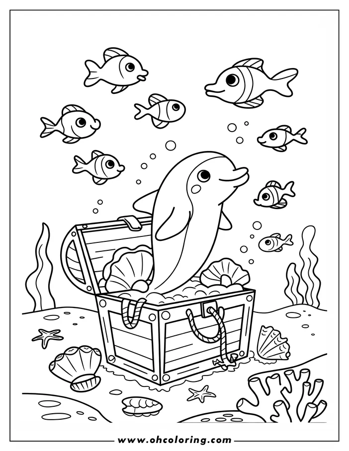 Line art of a playful cartoon dolphin sitting inside an open treasure chest on the ocean floor, surrounded by small fish, seashells, and coral.