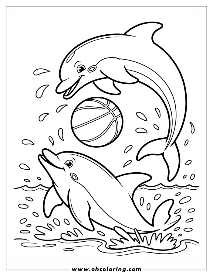 Line art depicting two playful dolphins interacting with a beach ball in the water, creating a dynamic scene ideal for a coloring page.