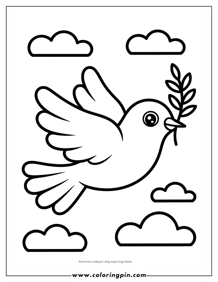 Line art of a dove carrying an olive branch in its beak, flying amongst clouds.