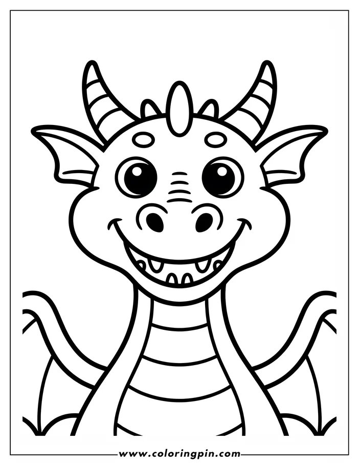 Line art of a friendly cartoon dragon smiling. It has striped horns and a striped body.