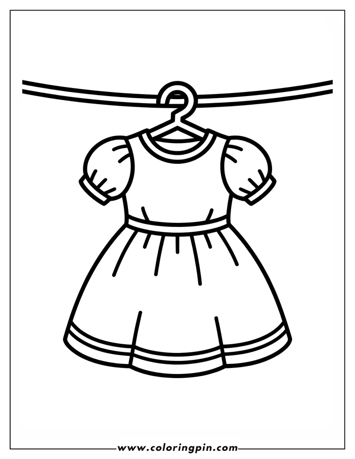 Line art of a dress hanging on a clothesline.