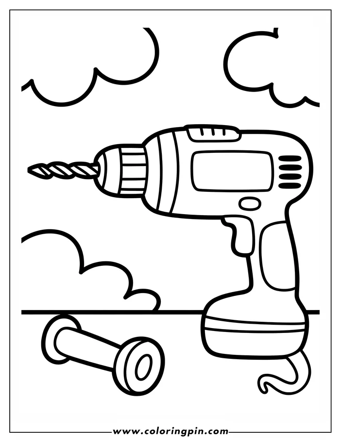 Line art of a drill and drill bit. The drill has buttons, a handle, and a power cord. A drill bit lies beside it on a surface.