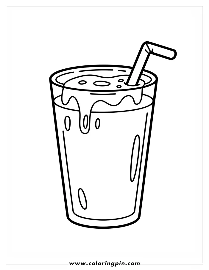 Outline of a glass with a bent straw and bubbling liquid overflowing slightly