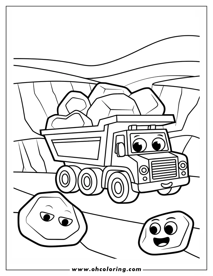 Line art of a dump truck carrying rocks with two rocks with faces beside the road.