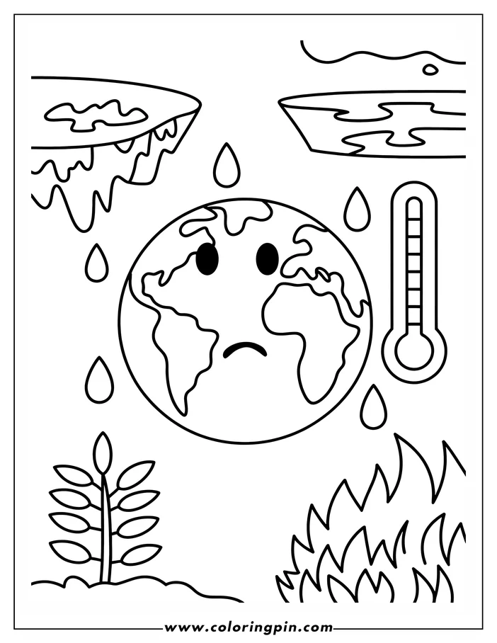 Line art of a worried Earth surrounded by climate change symbols like melting glaciers, rising water levels, a high thermometer, and wildfires. A small plant sits below.
