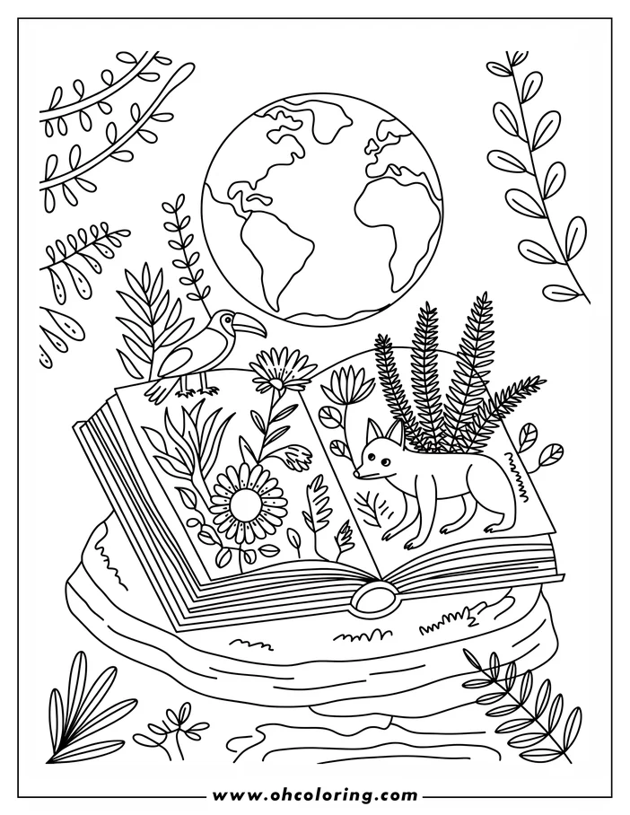 Earth Day coloring page: An open book rests on a rock, showing a fox, flowers, ferns, and a toucan among its pages. The Earth is depicted above, with leafy branches surrounding the scene.