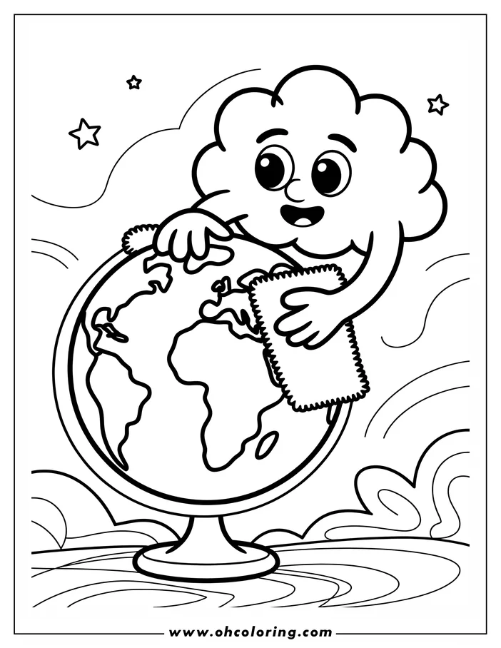 Line art for an Earth Day coloring page depicts a cheerful cloud wiping a globe with a cloth, set against a backdrop of stars. The cloud's friendly face and the globe's detailed continents make this a fun and educational coloring design.