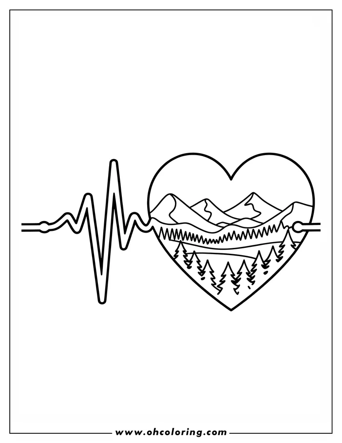 Line art for an Earth Day coloring page. A heartbeat line leads to a heart shape filled with a simple landscape of mountains, a field, and evergreen trees, representing the vital connection between our health and the planet. Perfect for celebrating Earth Day and promoting environmental awareness.