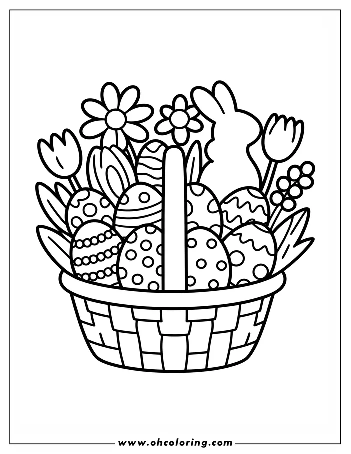 Line art of an Easter basket filled with decorated eggs, flowers, and a bunny cutout. The eggs feature various patterns, and the basket has a woven texture, creating a cheerful spring coloring page design.