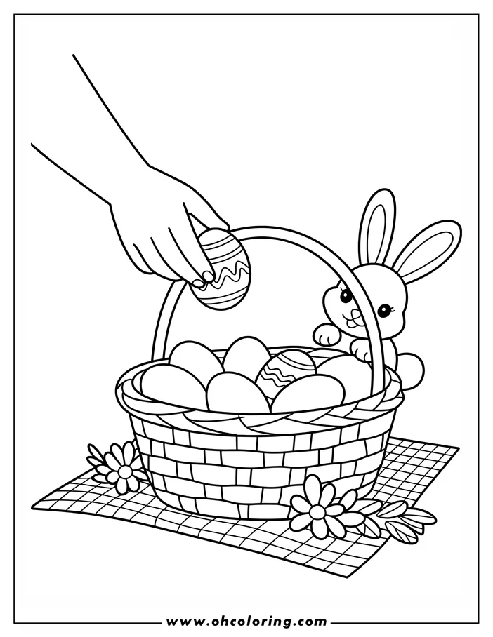 Line art of an Easter scene: A hand places a decorated egg into a basket filled with more eggs.  A cartoon Easter bunny peeks out from behind the eggs. The basket sits on a checkered cloth adorned with simple flowers. This is a coloring sheet design.