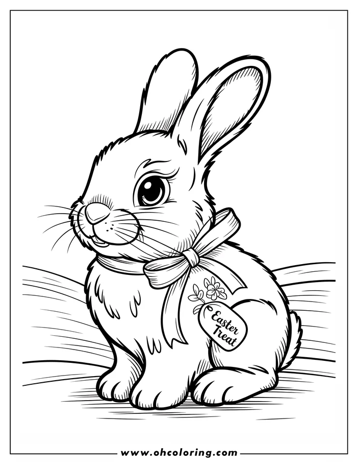 Line art of an Easter bunny wearing a ribbon with an "Easter Treat" tag.  The bunny is sitting and has large, friendly eyes. This is a coloring sheet design perfect for Easter celebrations.