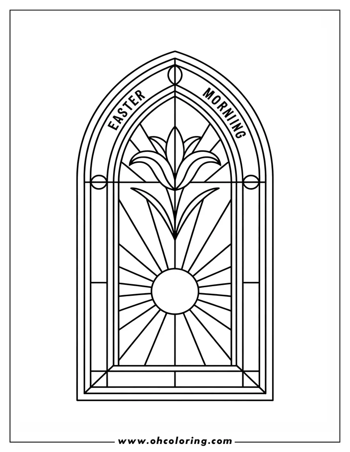 Line art of a stained glass window design for Easter. The outline depicts a stylized Easter lily above a radiating sunrise, framed by an arched window. The words 'Easter Morning' appear at the top. This detailed drawing offers a simple yet elegant coloring page.