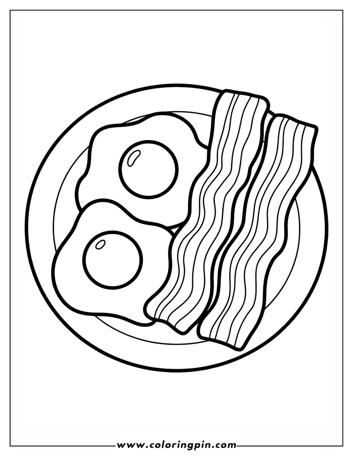 Outline of two fried eggs and bacon on a plate.