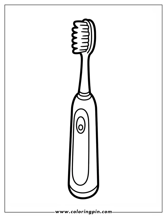 Line drawing of an electric toothbrush with bristles at the top and a button on the handle.