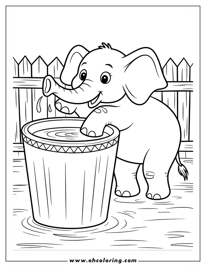 Line art of a playful elephant near a wooden bucket of water