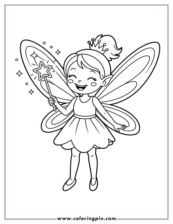 Line art of a fairy holding a magic wand. She has large wings and wears a crown.