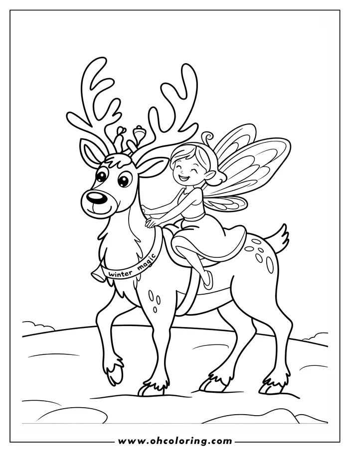 Outline of a fairy riding a reindeer with spots and antlers. The scene appears to be snowy.