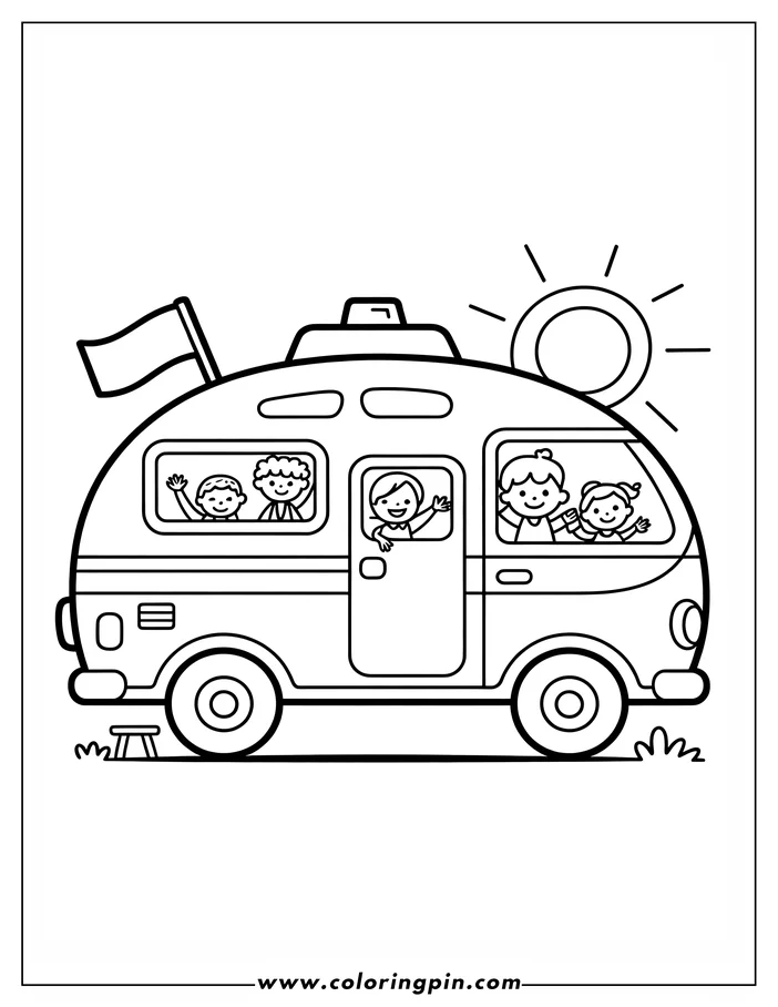 Outline of a family of four waving from the windows of a camper van under a bright sun