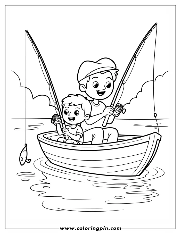 Outline of a father and son fishing from a small boat. They hold fishing rods and smile.