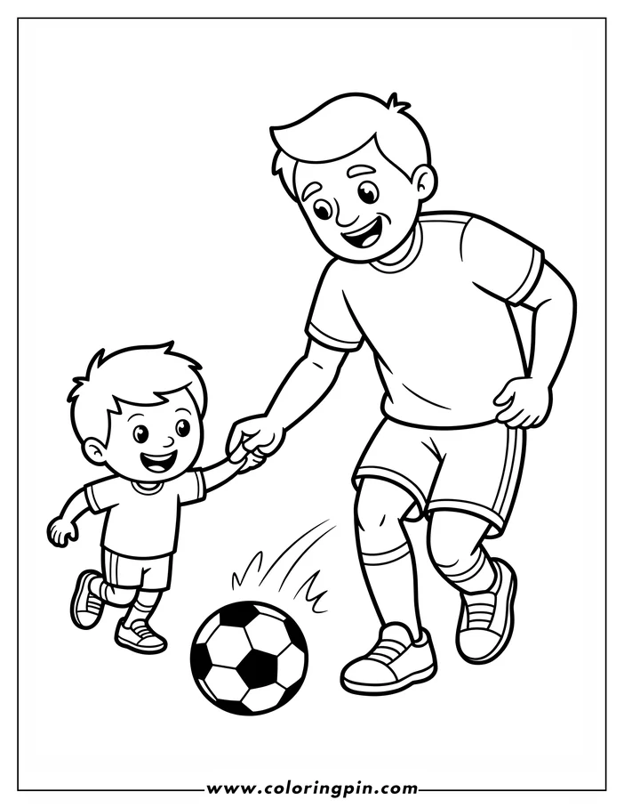 Line art of a father and son playing soccer. The father kicks the ball while holding his son's hand as they run together.