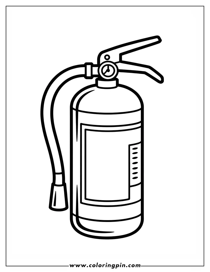 Line art of a fire extinguisher with a handle, nozzle, pressure gauge, and a blank label on the cylinder.