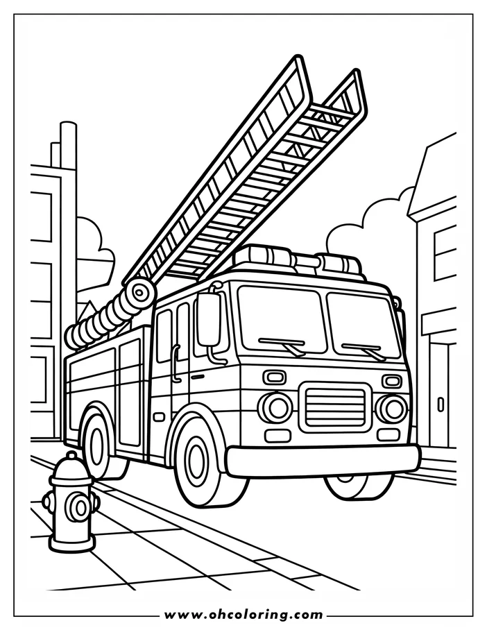 Line art of a fire truck parked on a city street with its ladder extended. A fire hydrant is visible in the foreground. This coloring sheet design features simple lines and clear details.