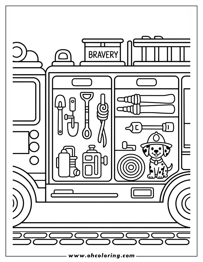 Line art of a fire truck with open compartments showcasing firefighting tools. A Dalmatian dog wearing a firefighter helmet sits inside. The scene is a coloring page design.
