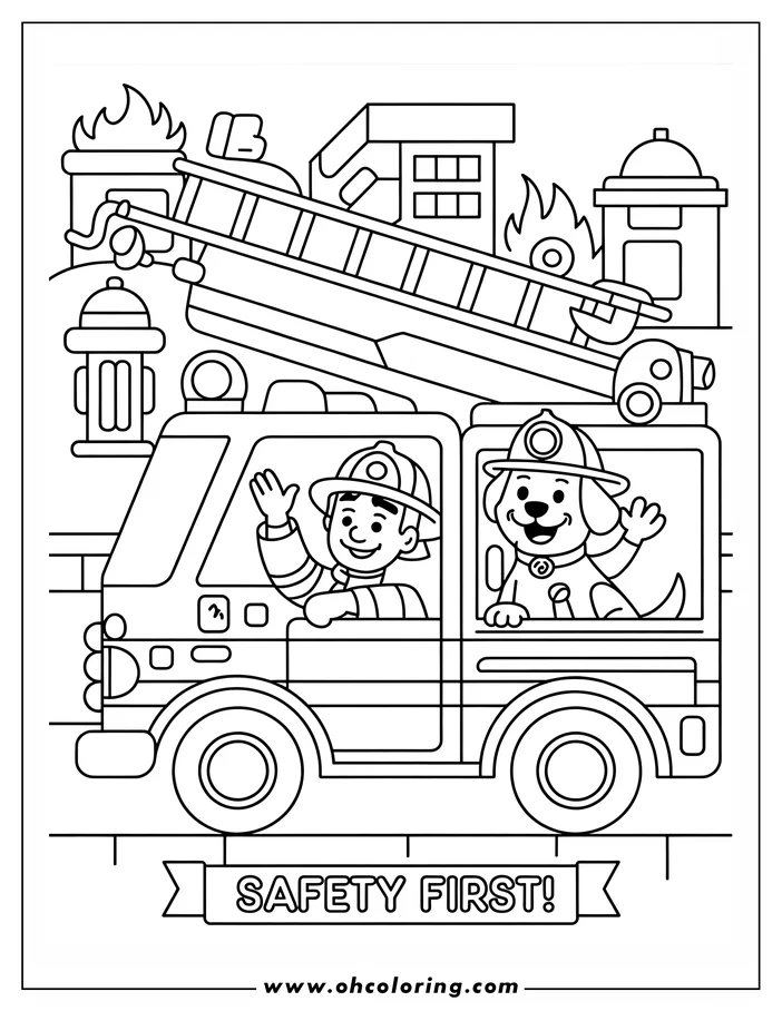 Line art of a firefighter and dalmatian dog in a fire truck, with a fire hydrant and burning building in the background. The firefighter waves from the driver's seat and his dog from the passenger side. The scene is designed for coloring and emphasizes fire safety.