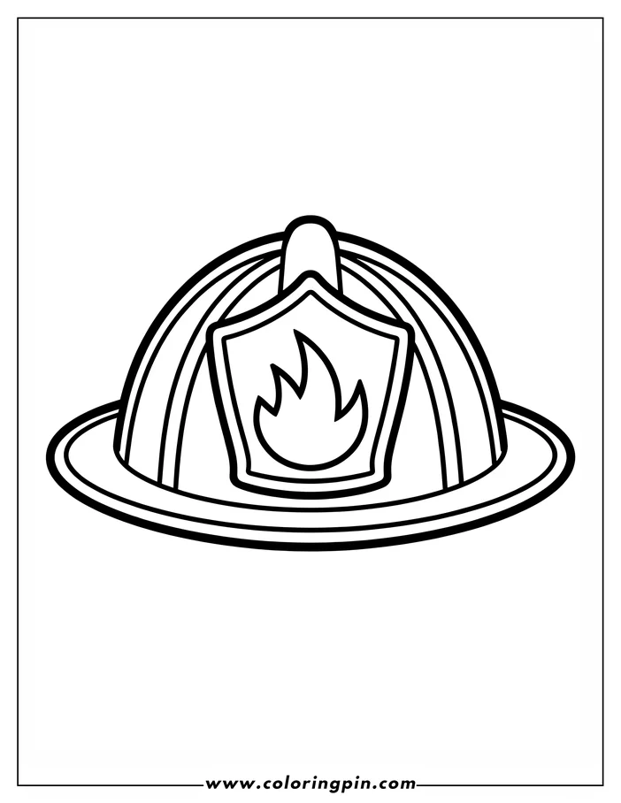 Line art of a firefighter's helmet with a flame emblem on the front.