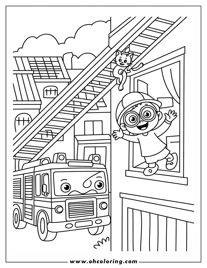 Line art depicting a firefighter rescuing a cat from a window using a fire truck's ladder in a small town. Coloring sheet design with cartoonish style.
