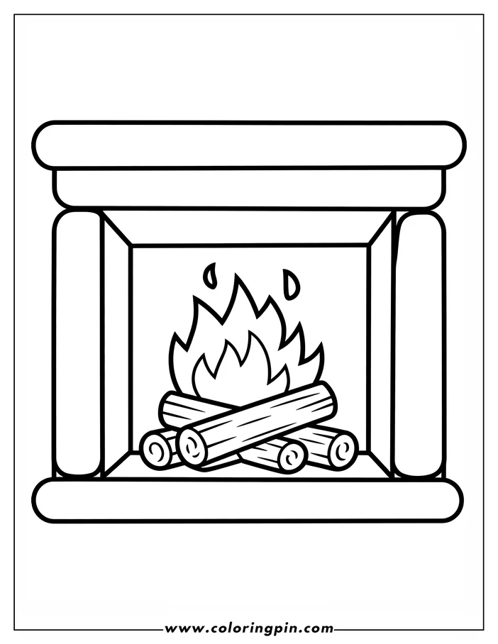 Line art of a fireplace with burning logs and flames.