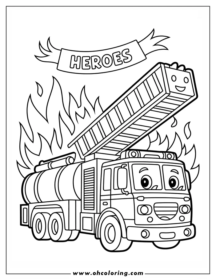 Line art of a friendly fire truck with an extended ladder, battling flames. The truck has a smiling face and large wheels, and is surrounded by stylized fire. This is a printable coloring sheet design, perfect for kids who love fire trucks.