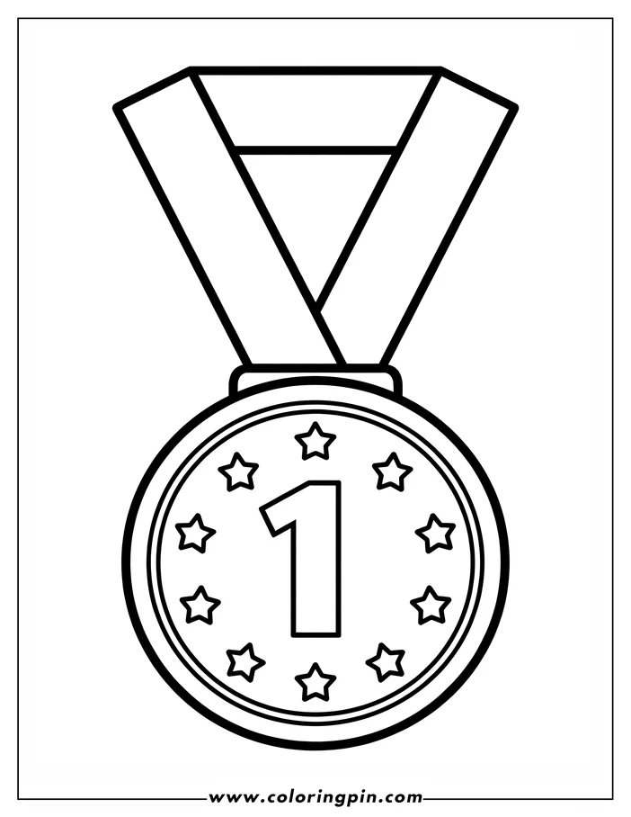 Outline of a first-place medal. The circular medal has a number one and is surrounded by small stars. It hangs from a v-shaped ribbon.