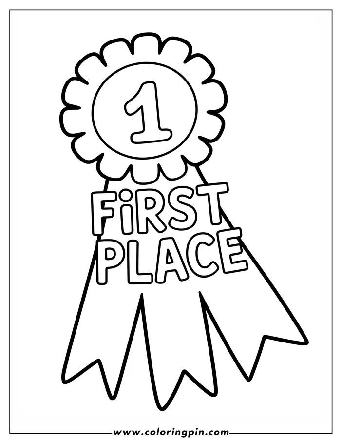 Outline of a first place ribbon with a rosette and three tails.