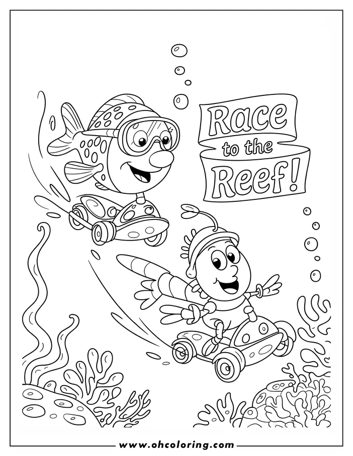 Line art of a fish and a shrimp racing in cars towards a coral reef.