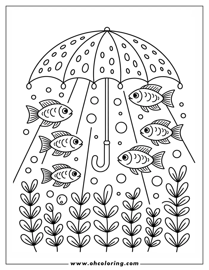 Five fish swim under an umbrella with large polka dots. Seaweed grows along the bottom.