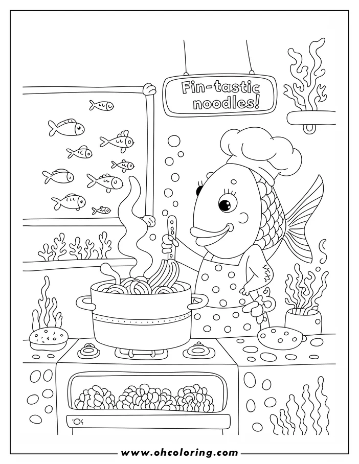 Line art of a fish chef stirring a pot of noodles on a stove.  A sign reads 'Fin-tastic noodles!'.