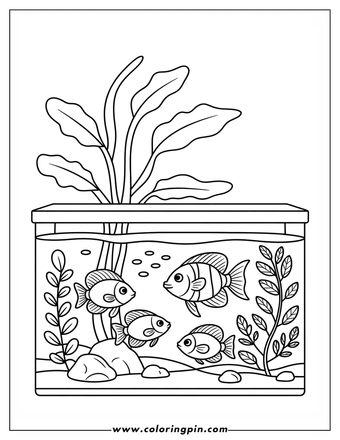 Four cartoon fish swim in an aquarium with rocks, plants, and bubbles.