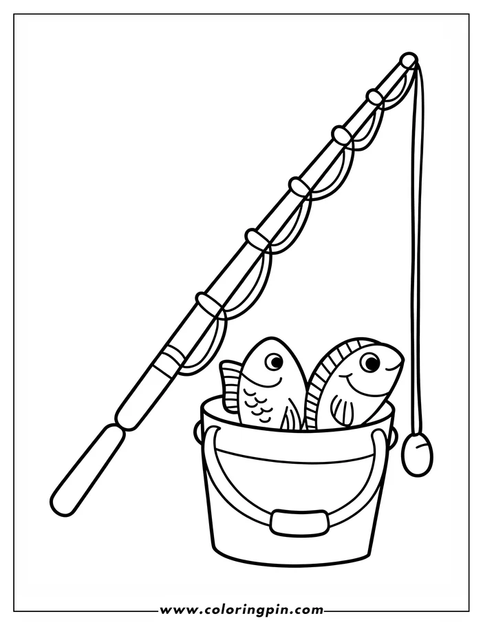 Two cartoon fish in a bucket next to a fishing rod.